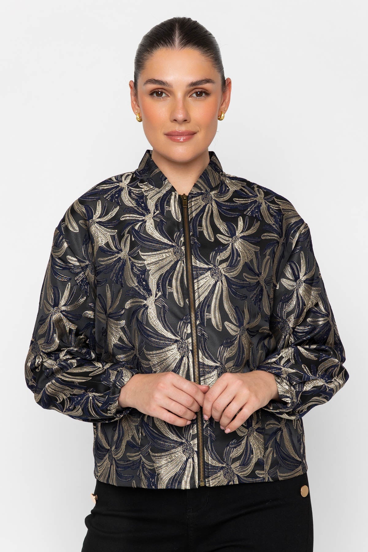 Black Jacquard Floral Zip Fastening Bomber Jacket