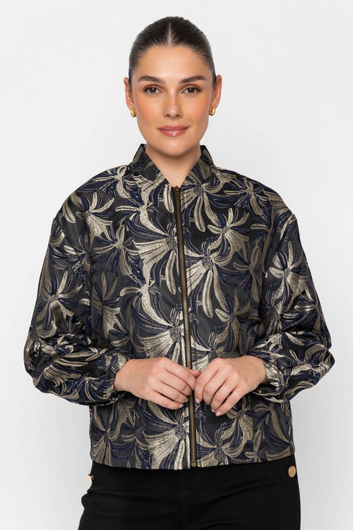 Black Jacquard Floral Zip Fastening Bomber Jacket