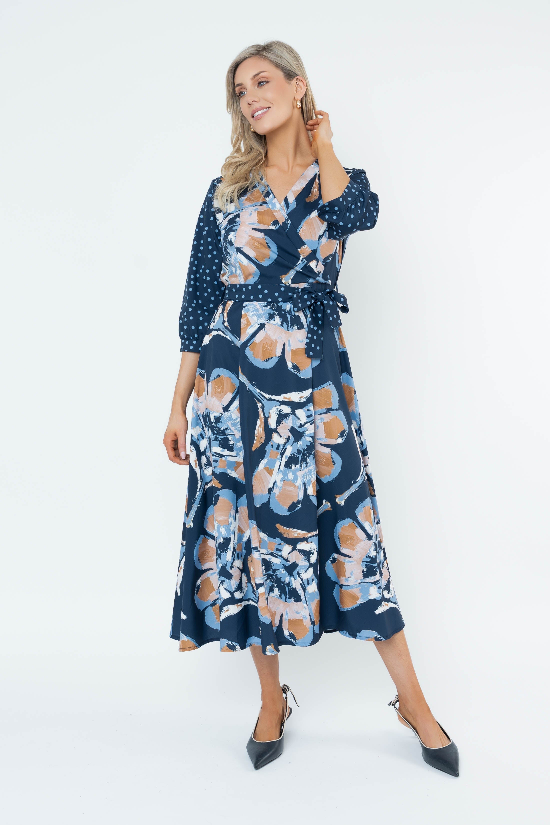 Jacqueline Navy 3/4 Sleeve Midi Dress