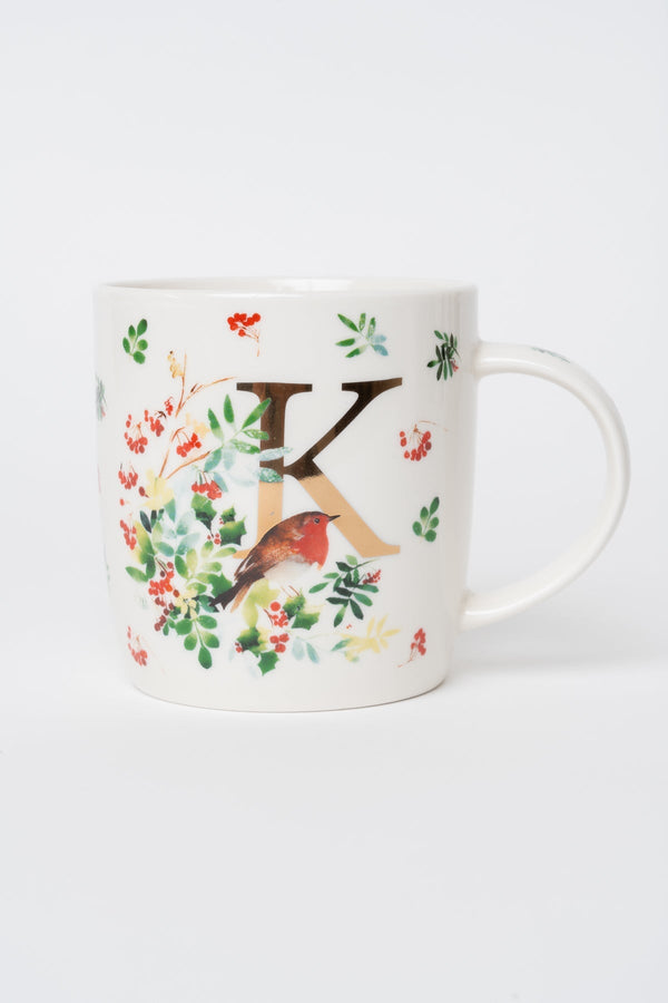 Carraig Donn K Christmas Robin Leaf New Bone China Alphabet Mug