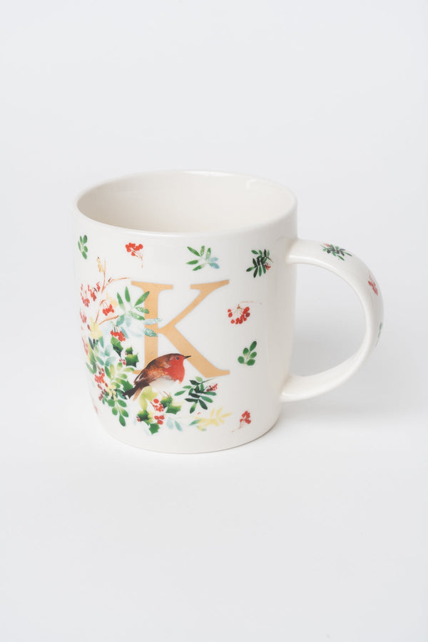 Carraig Donn K Christmas Robin Leaf New Bone China Alphabet Mug
