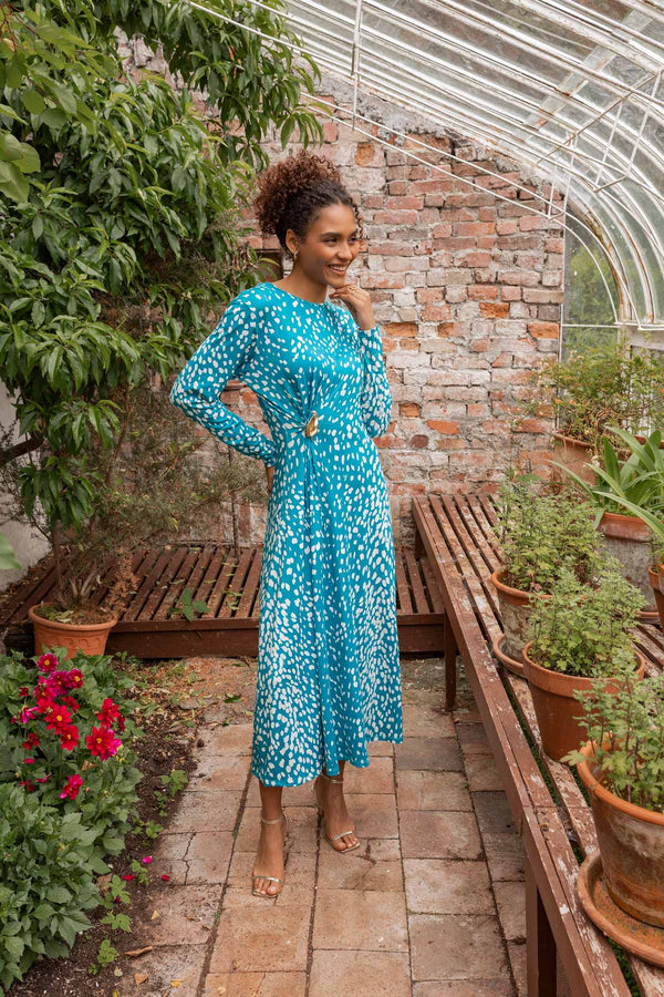 Carraig Donn Kate Teal Animal Print A-Line Long Sleeve Midi Dress