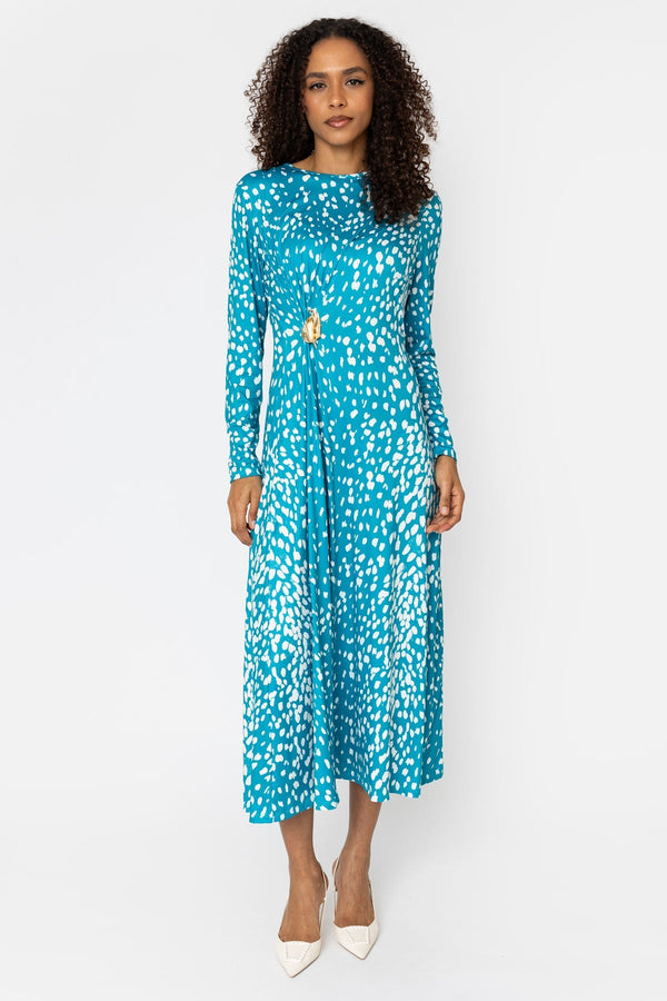 Carraig Donn Kate Teal Animal Print A-Line Long Sleeve Midi Dress