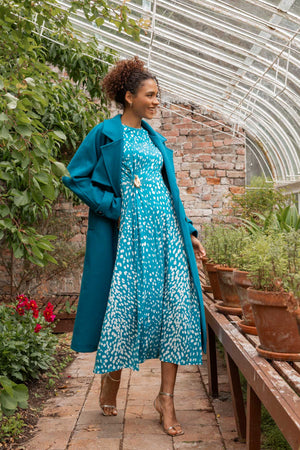 Carraig Donn Kate Teal Animal Print A-Line Long Sleeve Midi Dress