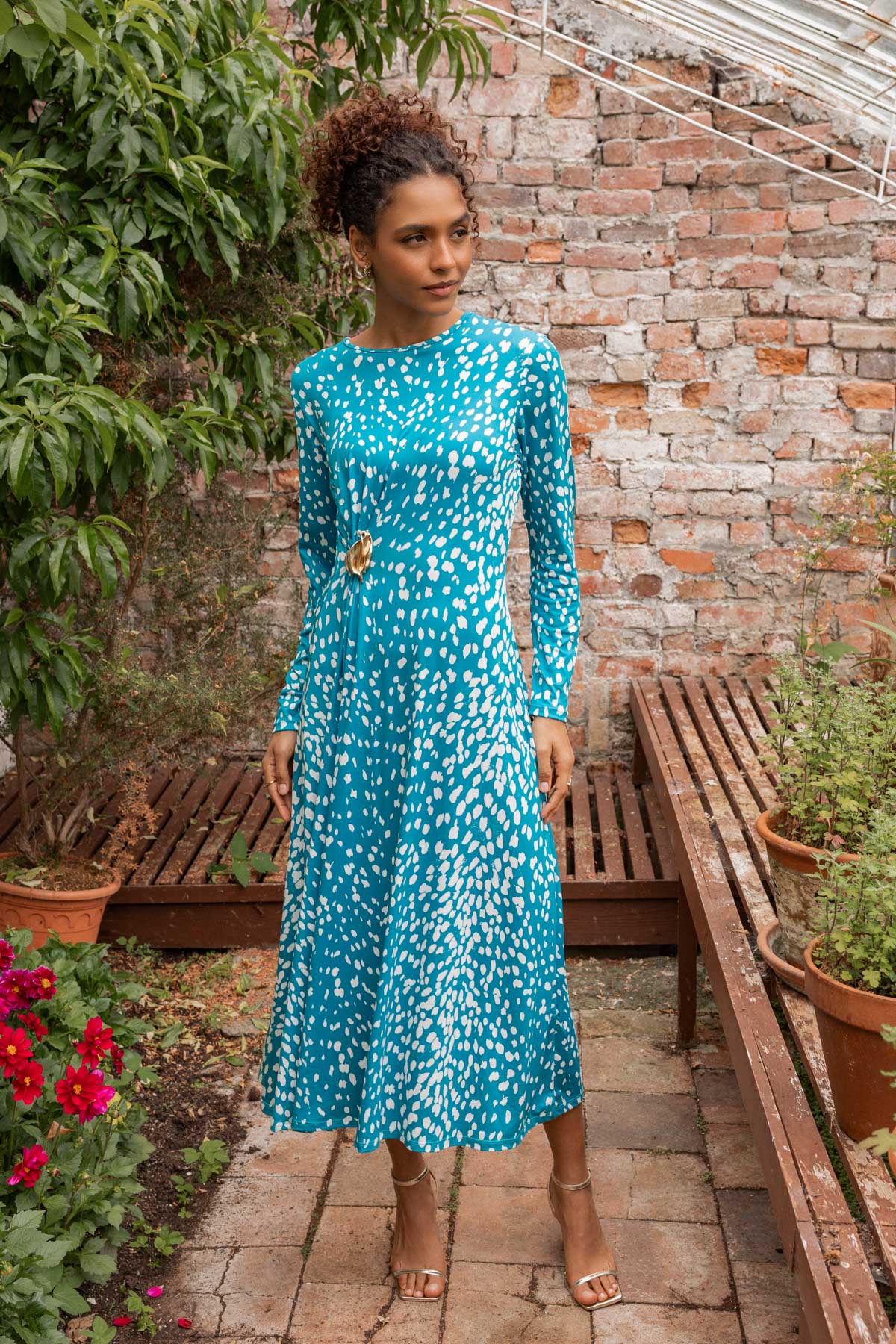 Kate Teal Animal Print A-Line Long Sleeve Midi Dress