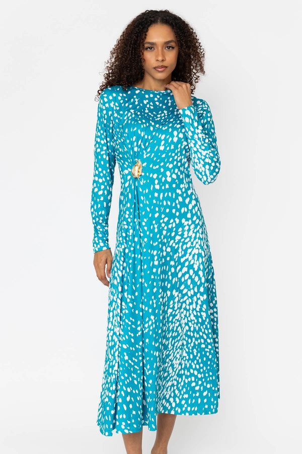 Carraig Donn Kate Teal Animal Print A-Line Long Sleeve Midi Dress