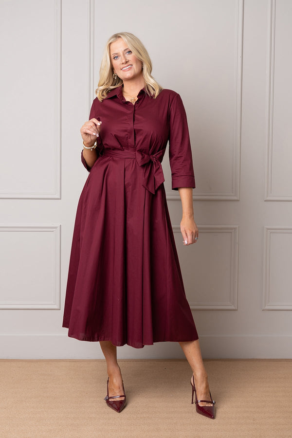 Carraig Donn Kathleen Burgundy Cotton Blend Shirt Long Sleeve Midi Dress