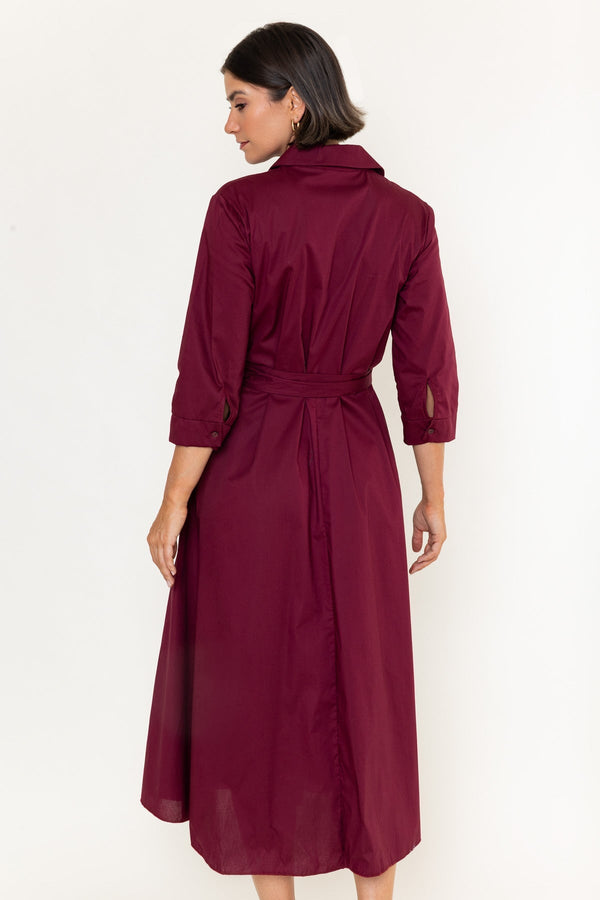 Carraig Donn Kathleen Burgundy Cotton Blend Shirt Long Sleeve Midi Dress
