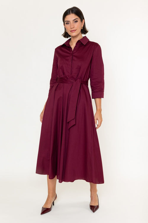 Kathleen Burgundy Cotton Blend Shirt Long Sleeve Midi Dress
