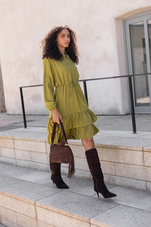 Carraig Donn Katy Green Skater Drawstring Long Sleeve Knee Length Dress