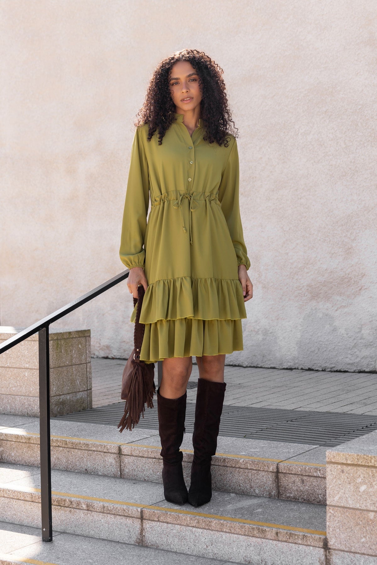 Katy Green Skater Drawstring Long Sleeve Knee Length Dress