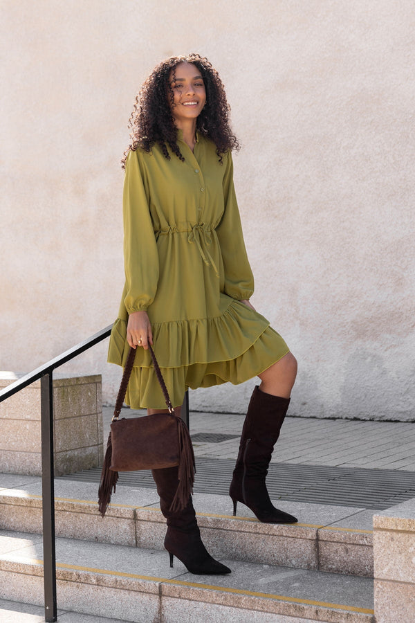 Carraig Donn Katy Green Skater Drawstring Long Sleeve Knee Length Dress