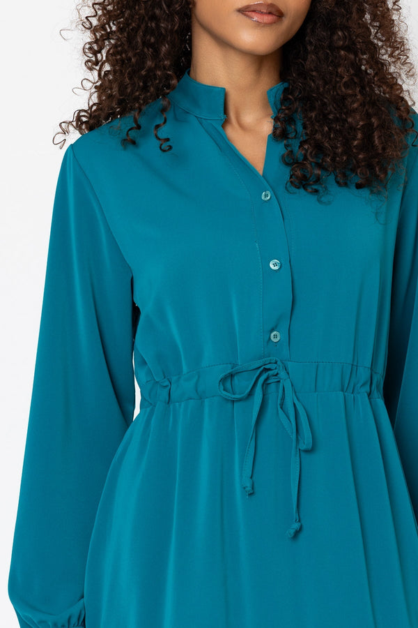 Carraig Donn Katy Teal Skater Drawstring Long Sleeve Knee Length Dress