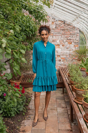 Carraig Donn Katy Teal Skater Drawstring Long Sleeve Knee Length Dress