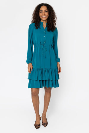 Carraig Donn Katy Teal Skater Drawstring Long Sleeve Knee Length Dress