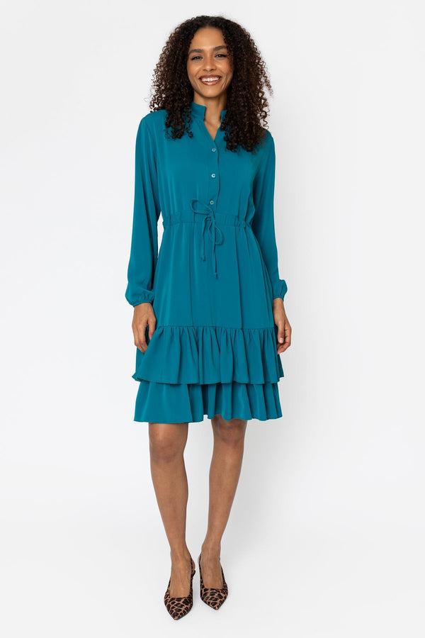 Carraig Donn Katy Teal Skater Drawstring Long Sleeve Knee Length Dress