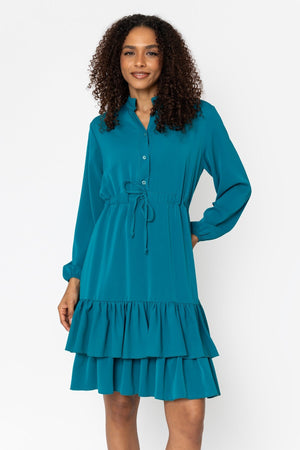 Carraig Donn Katy Teal Skater Drawstring Long Sleeve Knee Length Dress