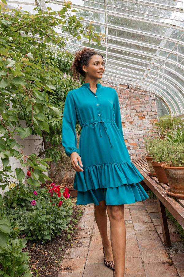 Carraig Donn Katy Teal Skater Drawstring Long Sleeve Knee Length Dress