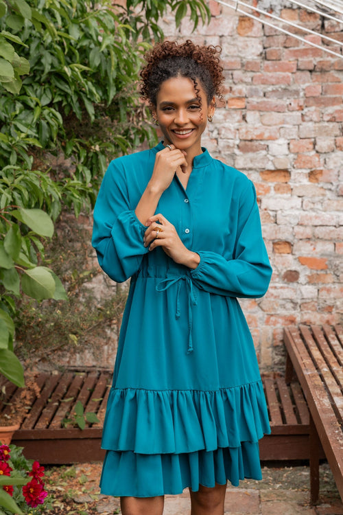 Katy Teal Skater Drawstring Long Sleeve Knee Length Dress