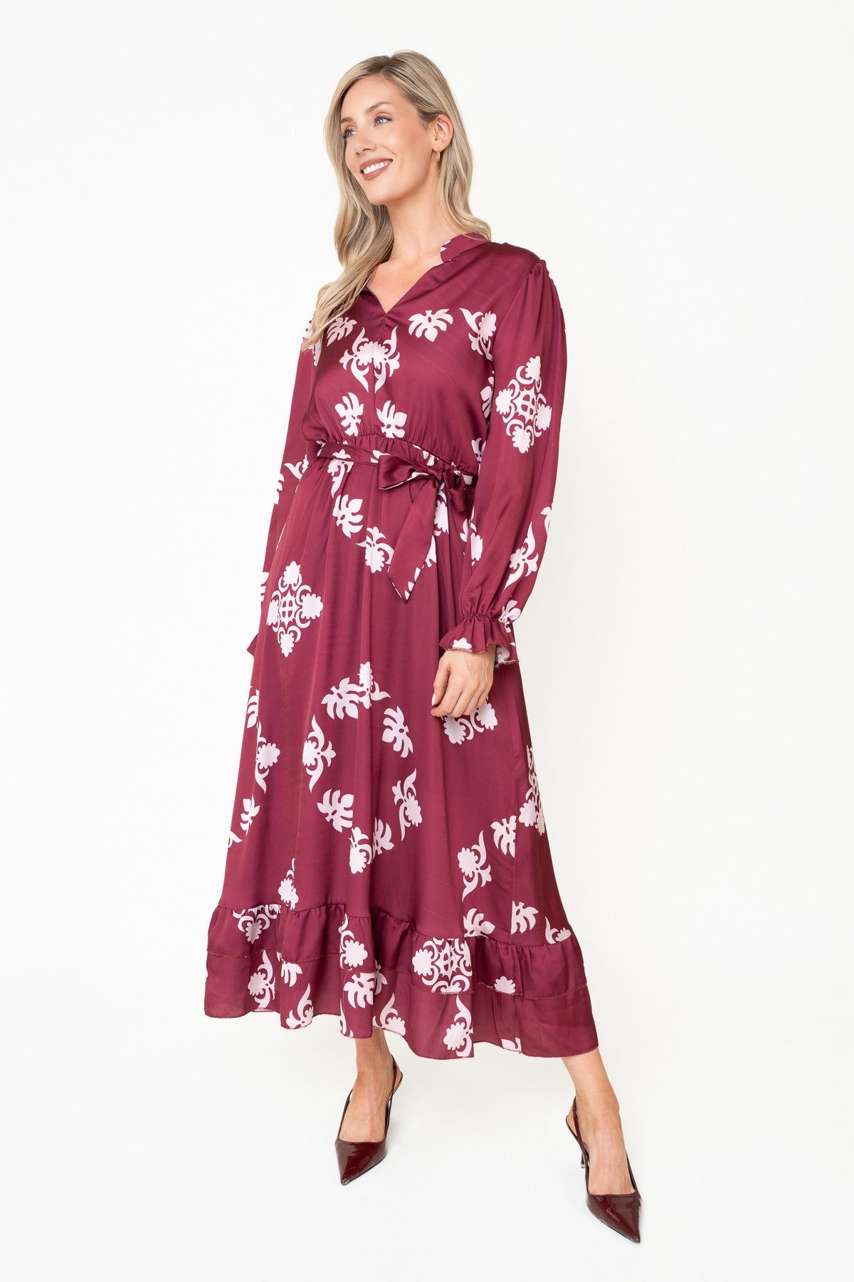 Kelly Burgundy Floral Print Sateen A-line V-Neck Long Sleeve Maxi Dress