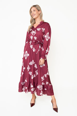 Carraig Donn Kelly Burgundy Floral Print Sateen A-line V-Neck Long Sleeve Maxi Dress