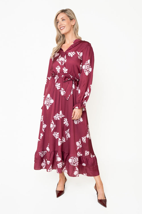 Kelly Burgundy Floral Print Sateen A-line V-Neck Long Sleeve Maxi Dress