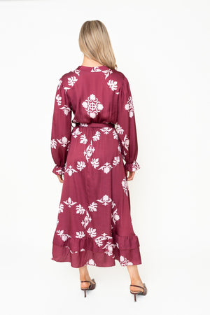 Carraig Donn Kelly Burgundy Floral Print Sateen A-line V-Neck Long Sleeve Maxi Dress