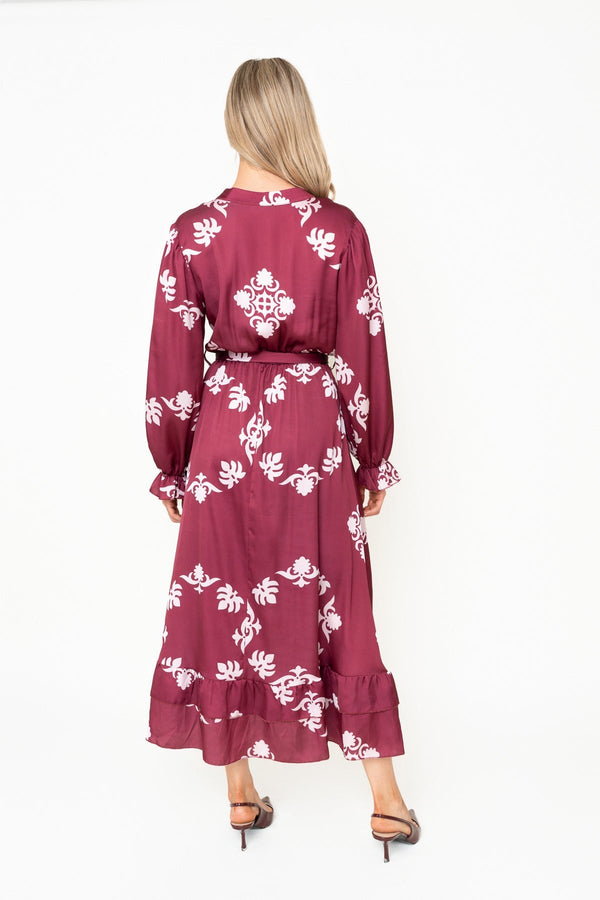 Carraig Donn Kelly Burgundy Floral Print Sateen A-line V-Neck Long Sleeve Maxi Dress