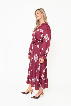 Carraig Donn Kelly Burgundy Floral Print Sateen A-line V-Neck Long Sleeve Maxi Dress