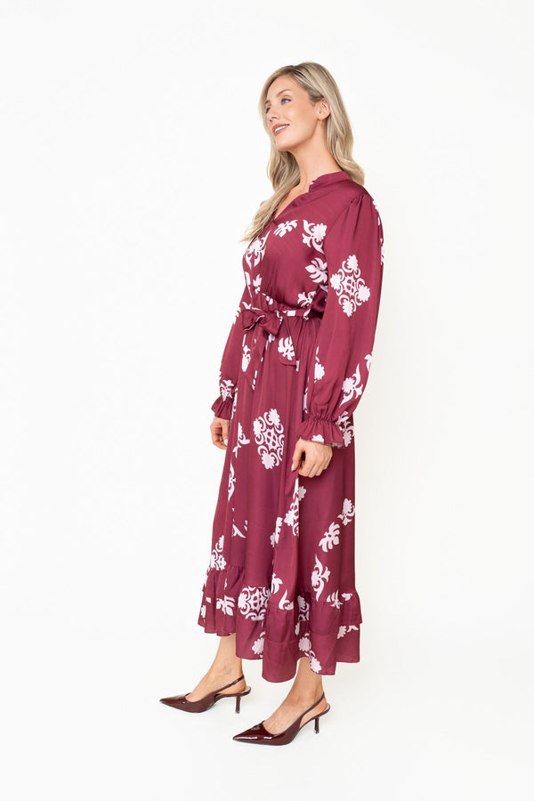 Carraig Donn Kelly Burgundy Floral Print Sateen A-line V-Neck Long Sleeve Maxi Dress