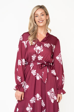 Carraig Donn Kelly Burgundy Floral Print Sateen A-line V-Neck Long Sleeve Maxi Dress