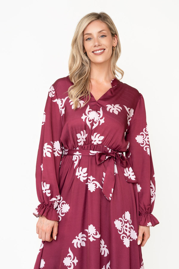 Carraig Donn Kelly Burgundy Floral Print Sateen A-line V-Neck Long Sleeve Maxi Dress