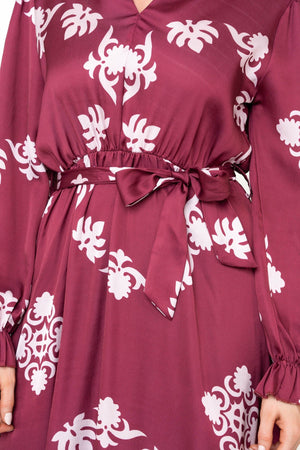 Carraig Donn Kelly Burgundy Floral Print Sateen A-line V-Neck Long Sleeve Maxi Dress