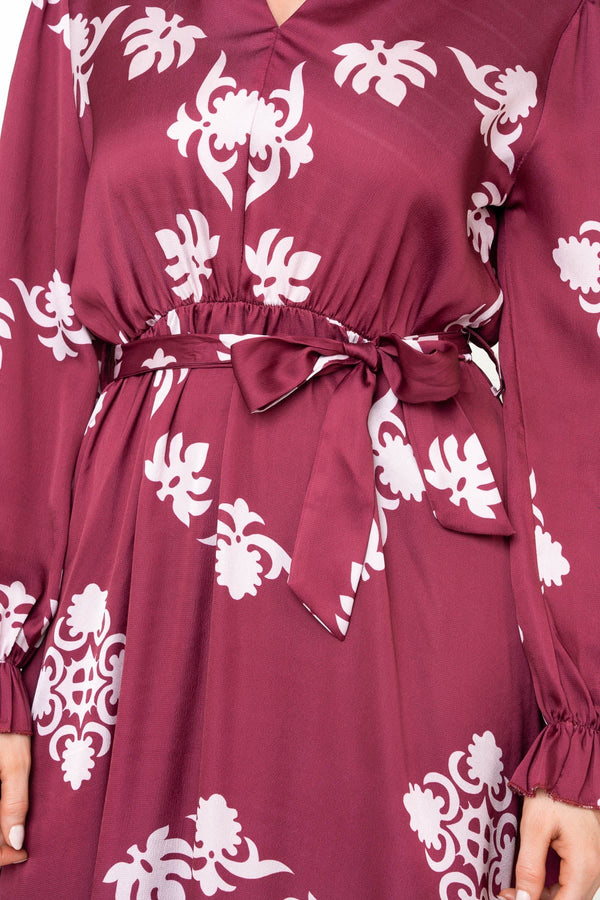 Carraig Donn Kelly Burgundy Floral Print Sateen A-line V-Neck Long Sleeve Maxi Dress
