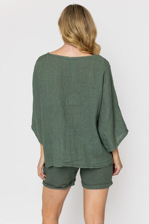 Carraig Donn Khaki 3/4 Sleeves Linen Top