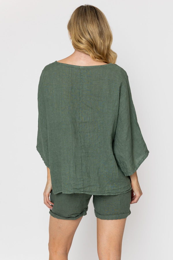 Carraig Donn Khaki 3/4 Sleeves Linen Top