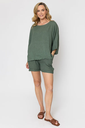 Carraig Donn Khaki 3/4 Sleeves Linen Top