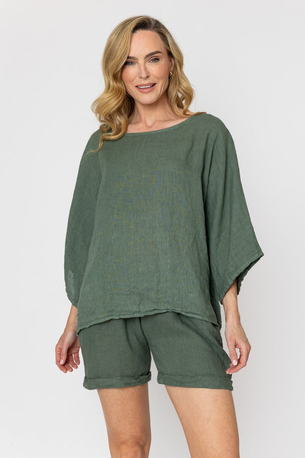 Carraig Donn Khaki 3/4 Sleeves Linen Top