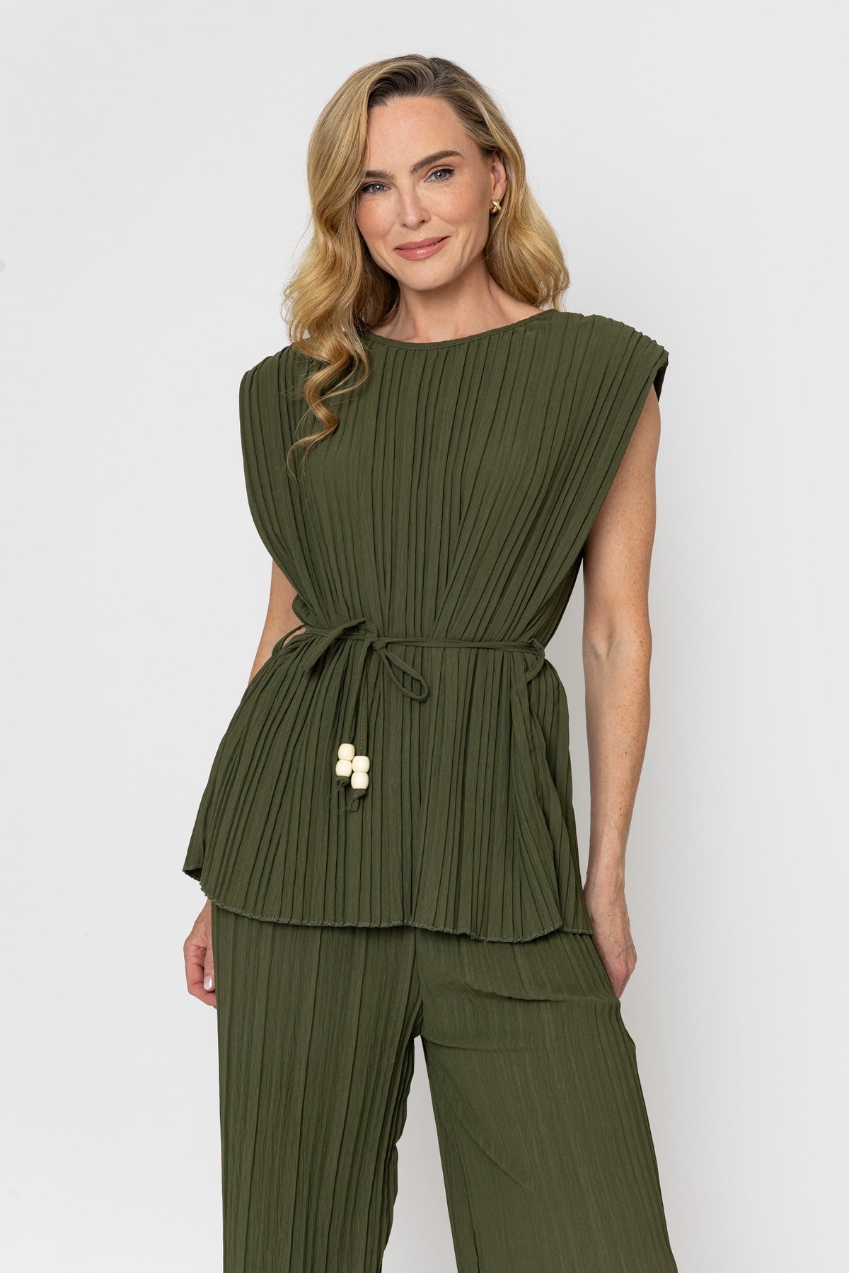 Khaki Belted Pleated Top
