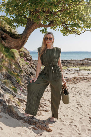 Carraig Donn Khaki Belted Pleated Top