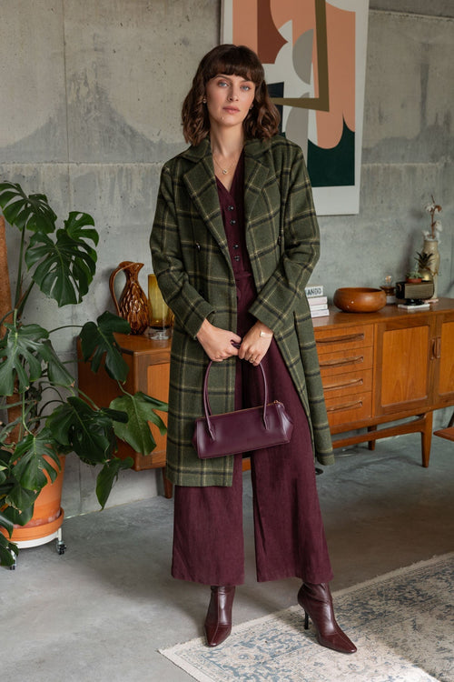 Carraig Donn Khaki Checked Lapel Collar Double Breasted Longline Coat
