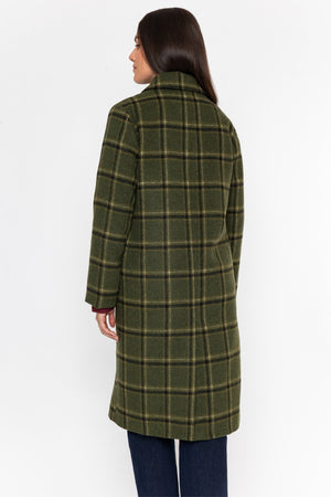 Carraig Donn Khaki Checked Lapel Collar Double Breasted Longline Coat
