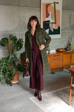 Carraig Donn Khaki Checked Lapel Collar Double Breasted Longline Coat