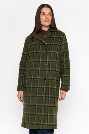 Carraig Donn Khaki Checked Lapel Collar Double Breasted Longline Coat