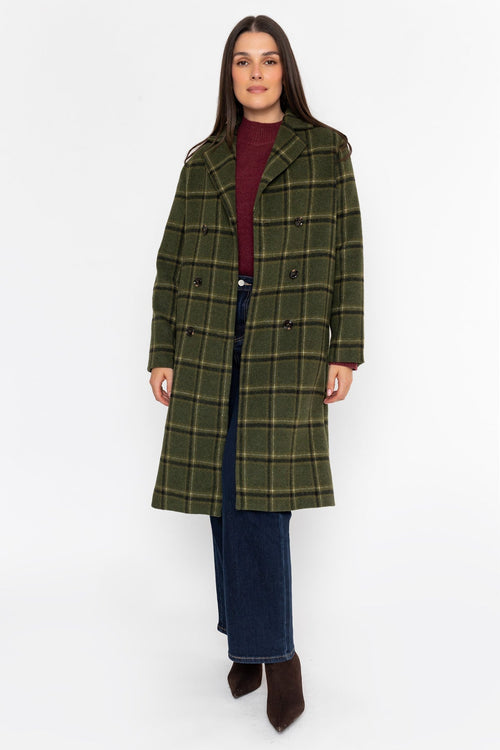 Khaki Checked Lapel Collar Double Breasted Longline Coat