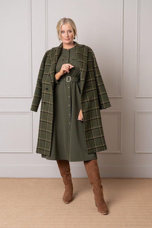 Khaki Checked Lapel Collar Double Breasted Longline Coat
