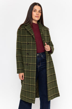 Carraig Donn Khaki Checked Lapel Collar Double Breasted Longline Coat