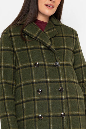 Carraig Donn Khaki Checked Lapel Collar Double Breasted Longline Coat