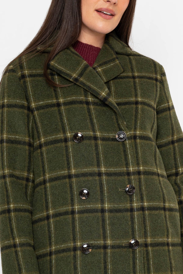 Carraig Donn Khaki Checked Lapel Collar Double Breasted Longline Coat