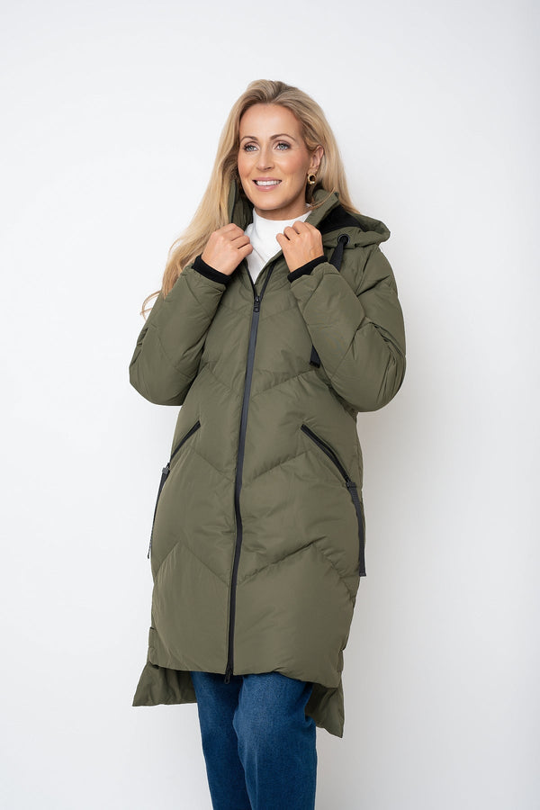 Carraig Donn Khaki Contrast Trim Puffer Hooded Zip Longline Jacket